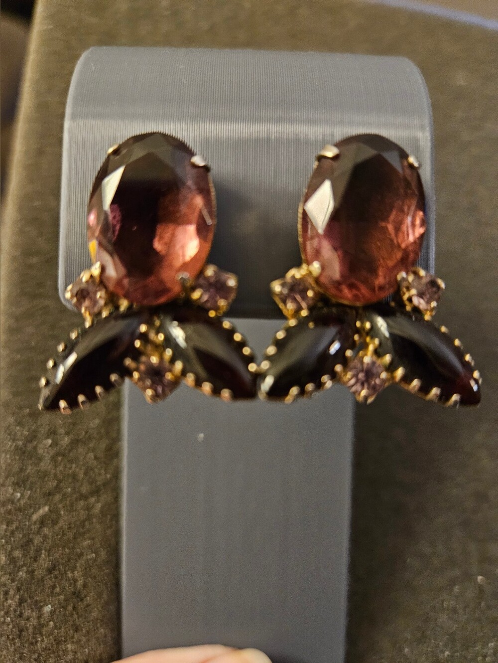 Vintage Gold-Tone Purple Glass Gem Cluster Earrings. Rare Find.